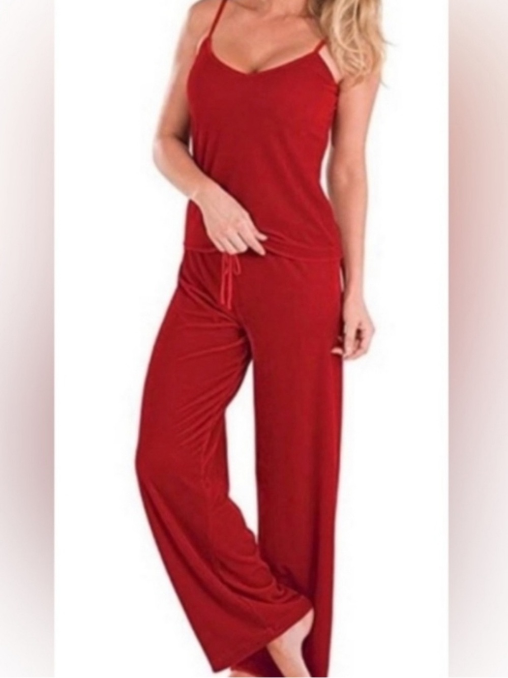 PajamaGram 2p Red Velour Pajama Set Cami Top Lounge Pants M Medium EUC DDR $60